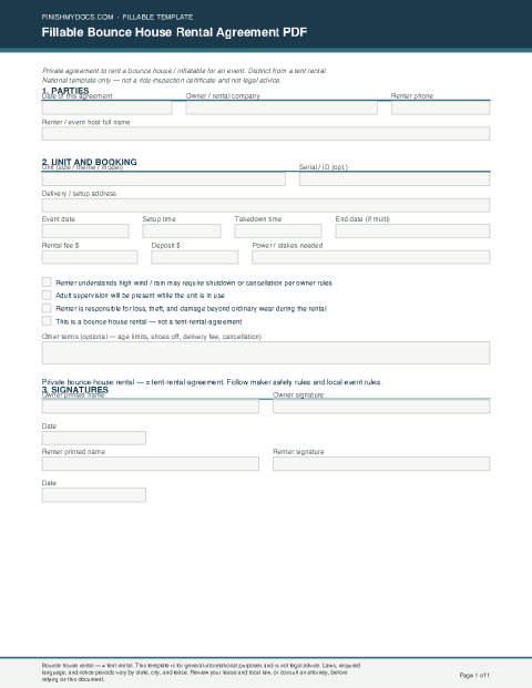 Fillable Bounce House Rental Agreement PDF preview