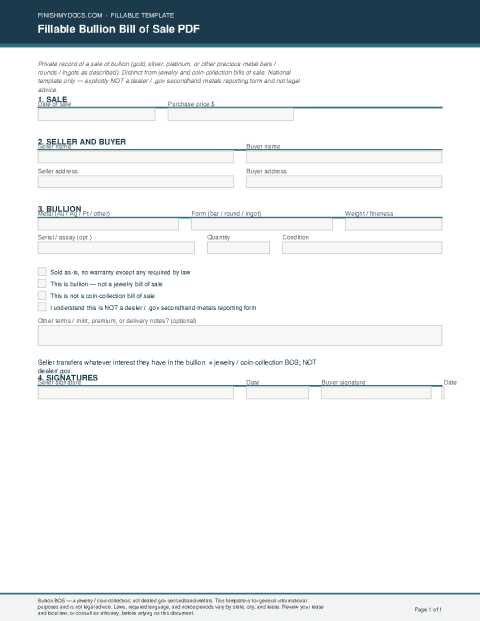 Fillable Bullion Bill of Sale PDF preview