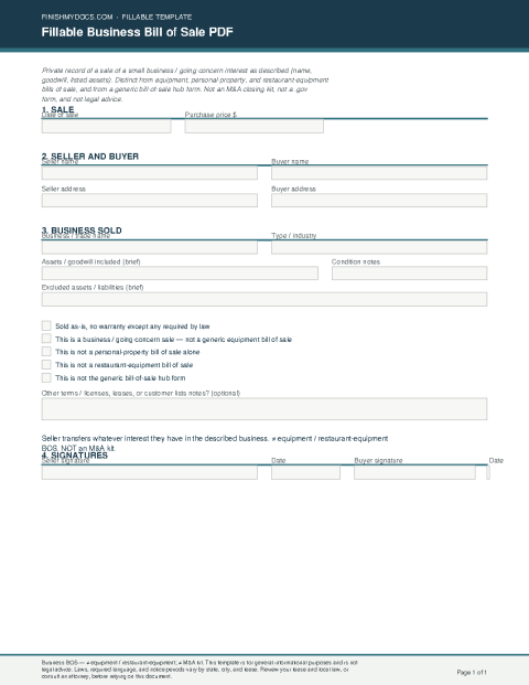 Fillable Business Bill of Sale PDF preview