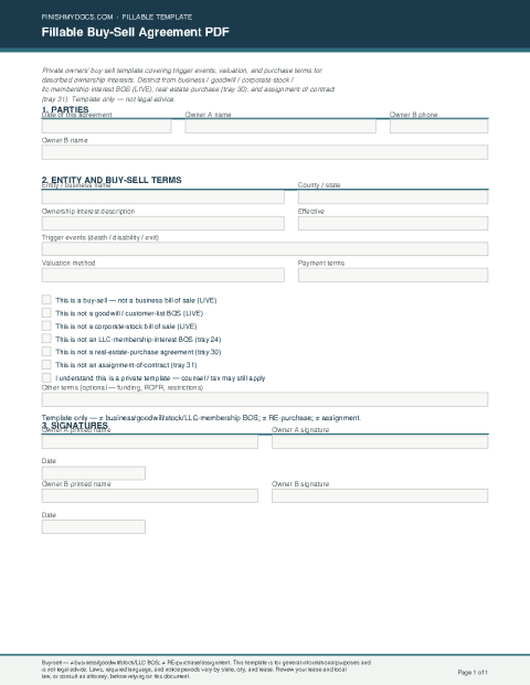 Fillable Buy-Sell Agreement PDF preview