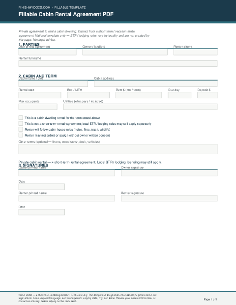 Fillable Cabin Rental Agreement PDF preview