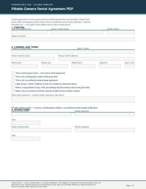 Fillable Camera Rental Agreement PDF preview