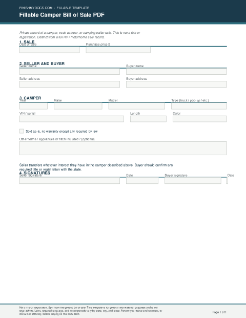 Fillable Camper Bill of Sale PDF preview