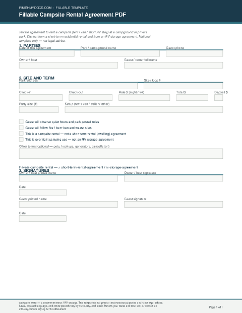 Fillable Campsite Rental Agreement PDF preview