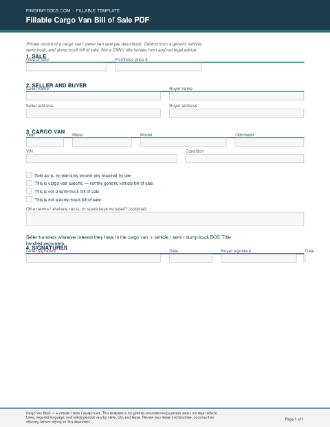 Fillable Cargo Van Bill of Sale PDF preview