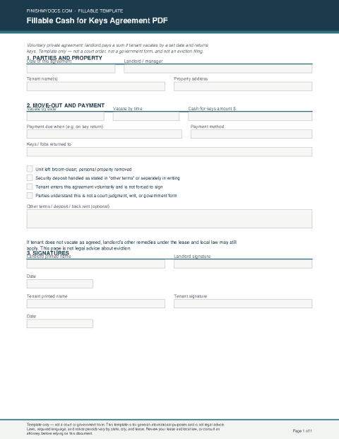 Fillable Cash for Keys Agreement PDF preview