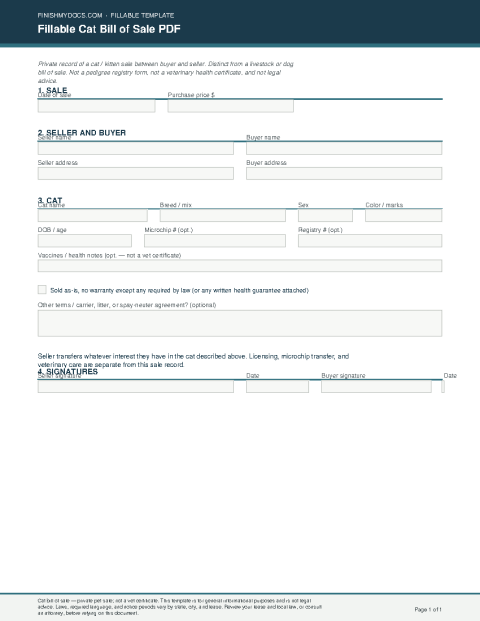 Fillable Cat Bill of Sale PDF preview