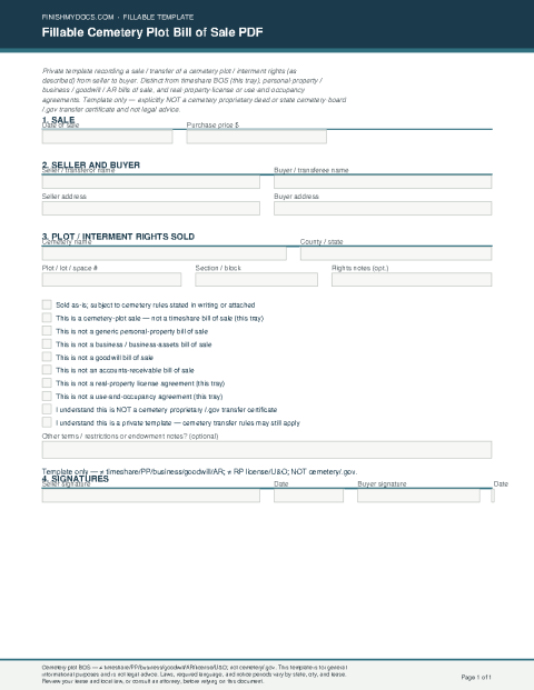 Fillable Cemetery Plot Bill of Sale PDF preview