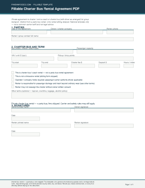 Fillable Charter Bus Rental Agreement PDF preview