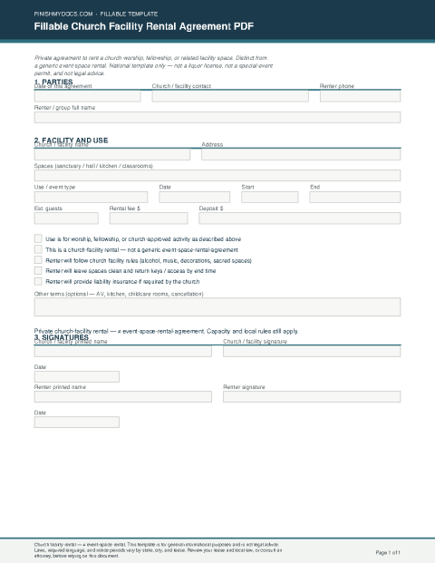 Fillable Church Facility Rental Agreement PDF preview