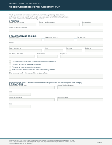 Fillable Classroom Rental Agreement PDF preview