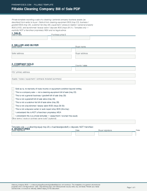 Fillable Cleaning Company Bill of Sale PDF preview