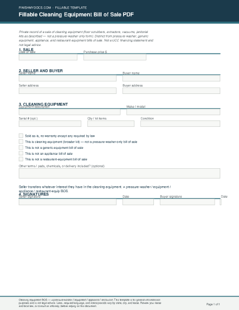 Fillable Cleaning Equipment Bill of Sale PDF preview