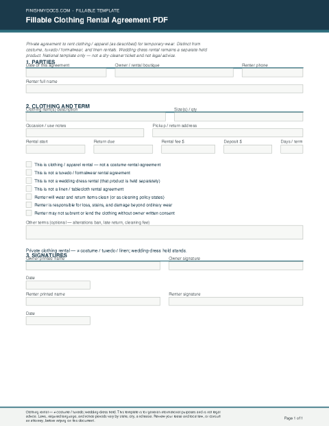 Fillable Clothing Rental Agreement PDF preview