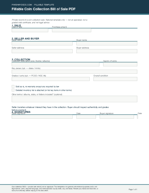 Fillable Coin Collection Bill of Sale PDF preview
