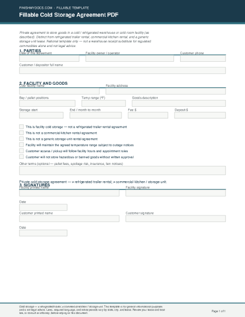 Fillable Cold Storage Agreement PDF preview