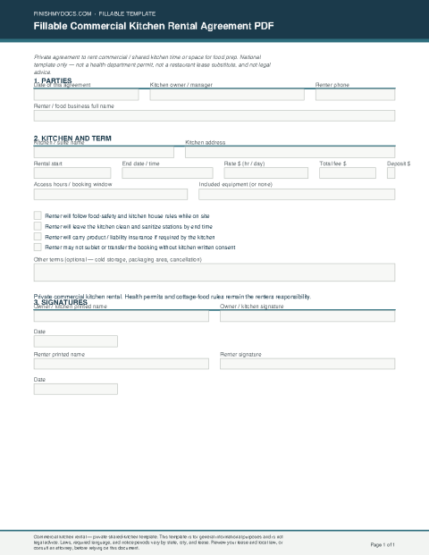 Fillable Commercial Kitchen Rental Agreement PDF preview