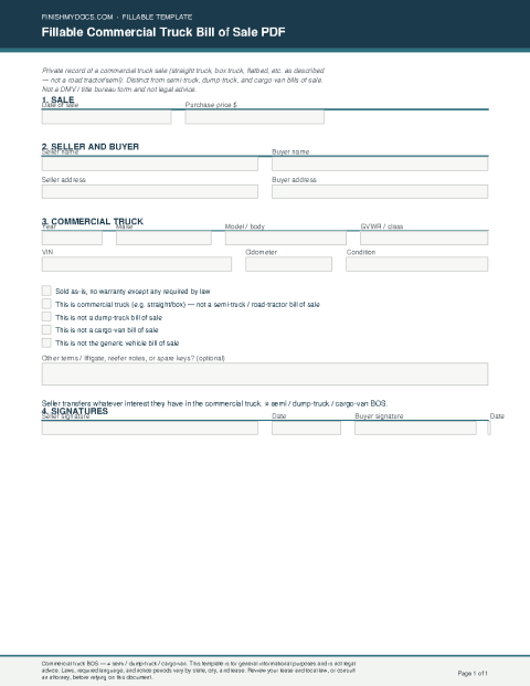 Fillable Commercial Truck Bill of Sale PDF preview