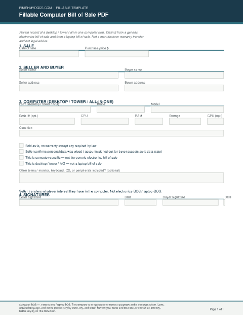 Fillable Computer Bill of Sale PDF preview
