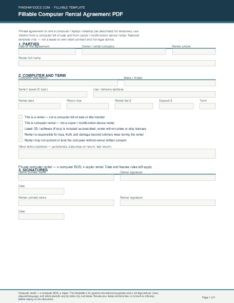 Fillable Computer Rental Agreement PDF preview