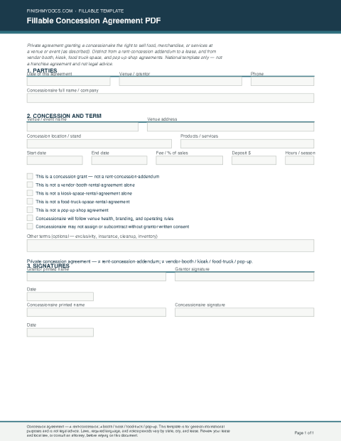 Fillable Concession Agreement PDF preview