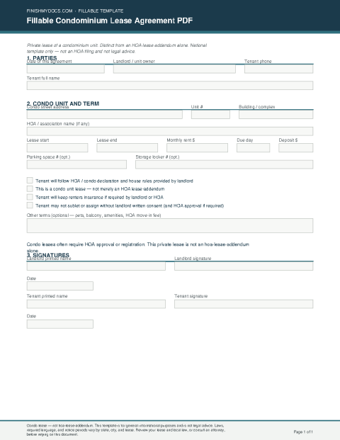 Fillable Condominium Lease Agreement PDF preview