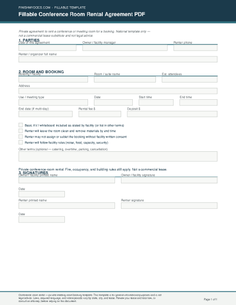 Fillable Conference Room Rental Agreement PDF preview