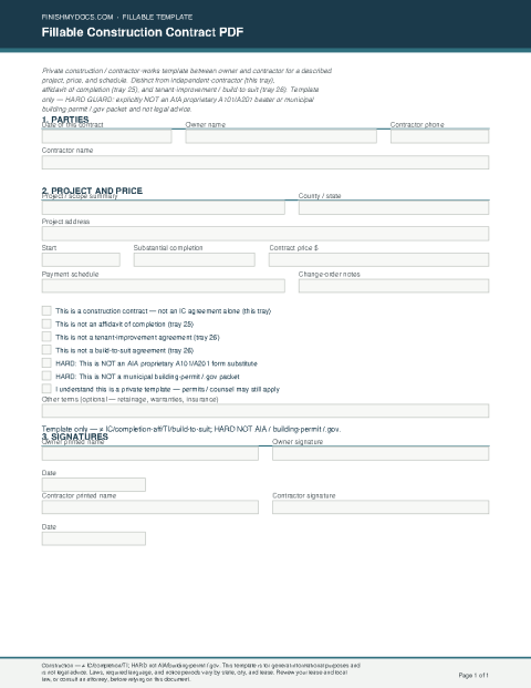 Fillable Construction Contract PDF preview