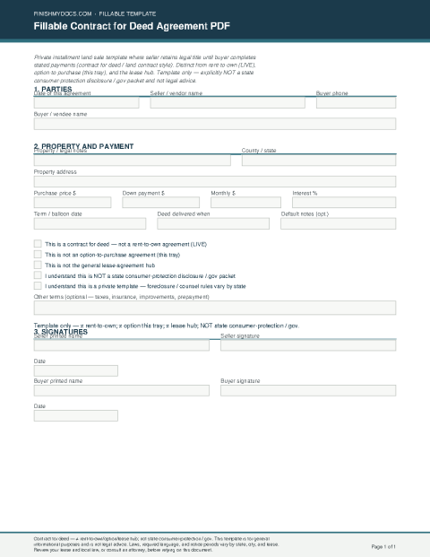 Fillable Contract for Deed Agreement PDF preview