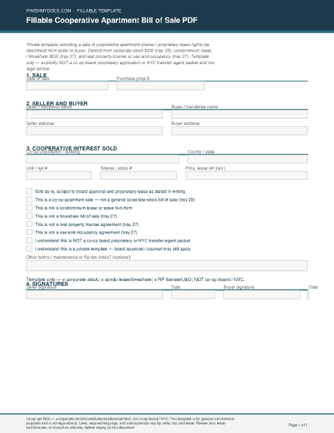 Fillable Cooperative Apartment Bill of Sale PDF preview