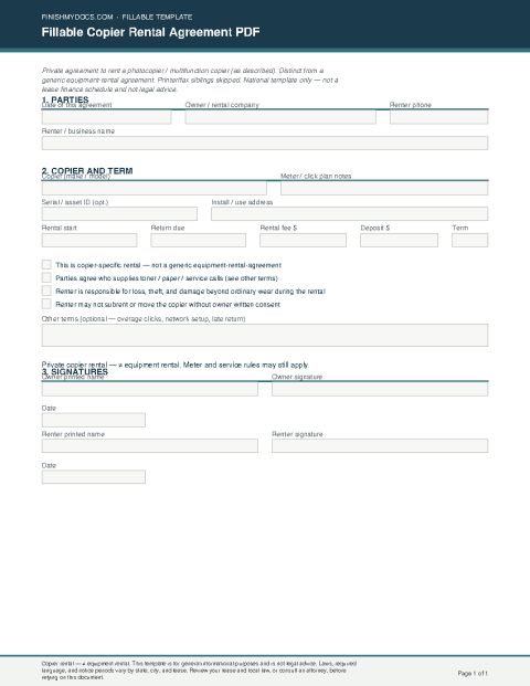 Fillable Copier Rental Agreement PDF preview