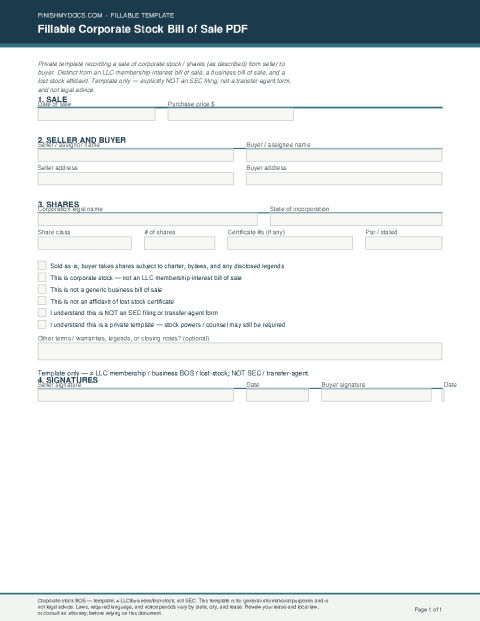 Fillable Corporate Stock Bill of Sale PDF preview