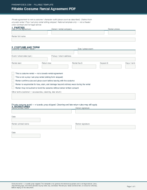 Fillable Costume Rental Agreement PDF preview