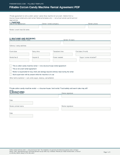 Fillable Cotton Candy Machine Rental Agreement PDF preview