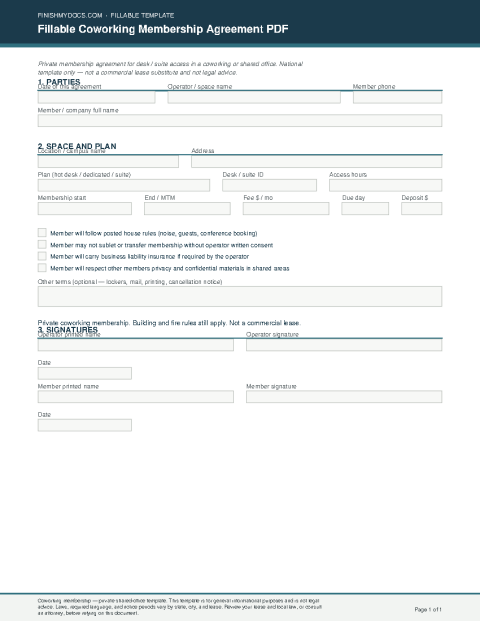 Fillable Coworking Membership Agreement PDF preview