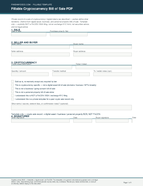 Fillable Cryptocurrency Bill of Sale PDF preview