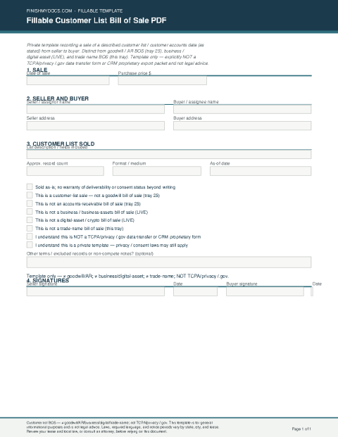 Fillable Customer List Bill of Sale PDF preview