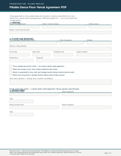 Fillable Dance Floor Rental Agreement PDF preview
