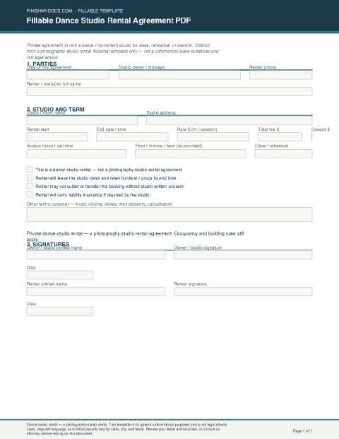Fillable Dance Studio Rental Agreement PDF preview