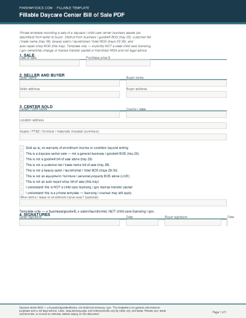 Fillable Daycare Center Bill of Sale PDF preview