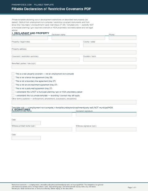 Fillable Declaration of Restrictive Covenants PDF preview