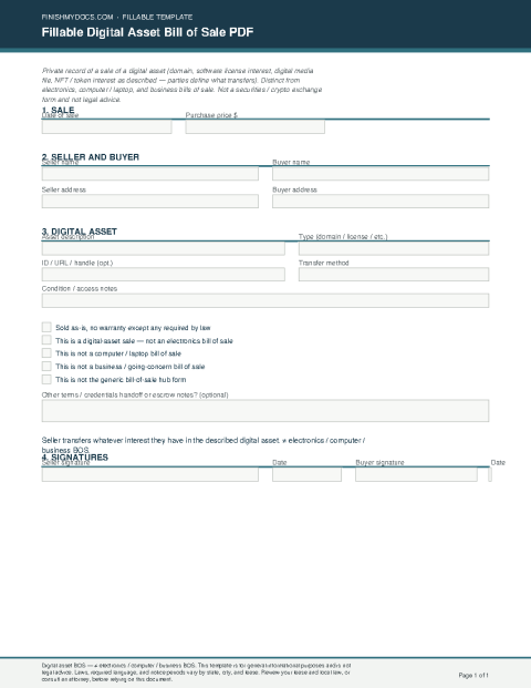Fillable Digital Asset Bill of Sale PDF preview