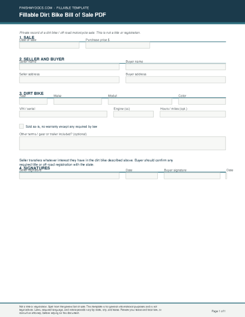 Fillable Dirt Bike Bill of Sale PDF preview