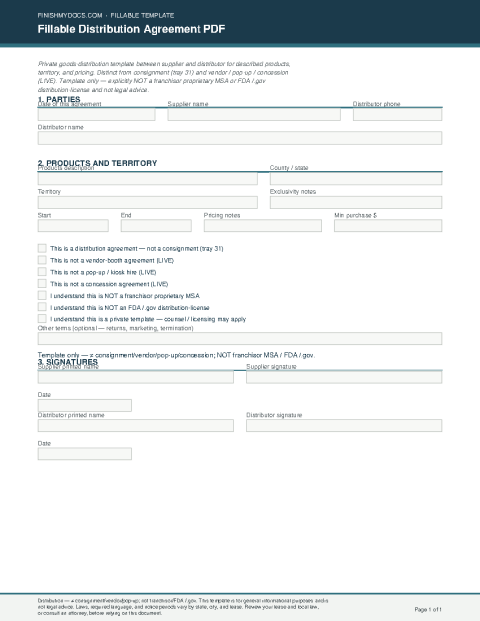Fillable Distribution Agreement PDF preview