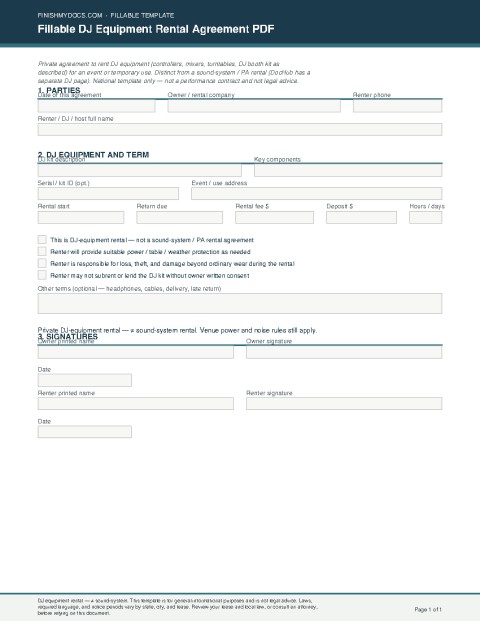 Fillable DJ Equipment Rental Agreement PDF preview