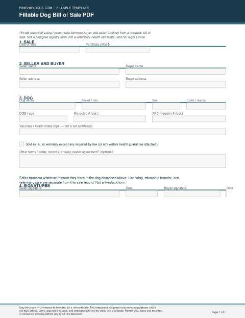 Fillable Dog Bill of Sale PDF preview