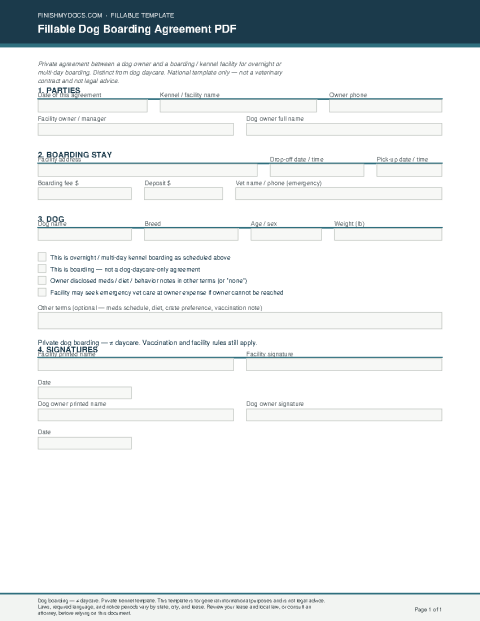 Fillable Dog Boarding Agreement PDF preview