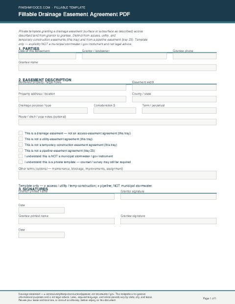 Fillable Drainage Easement Agreement PDF preview