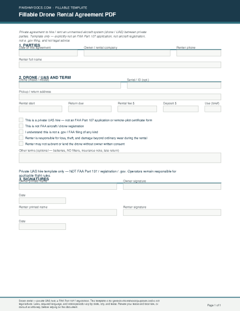 Fillable Drone Rental Agreement PDF preview