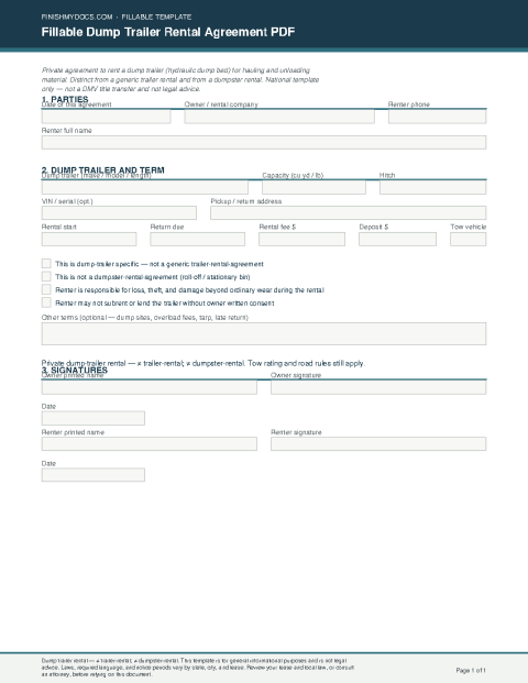 Fillable Dump Trailer Rental Agreement PDF preview